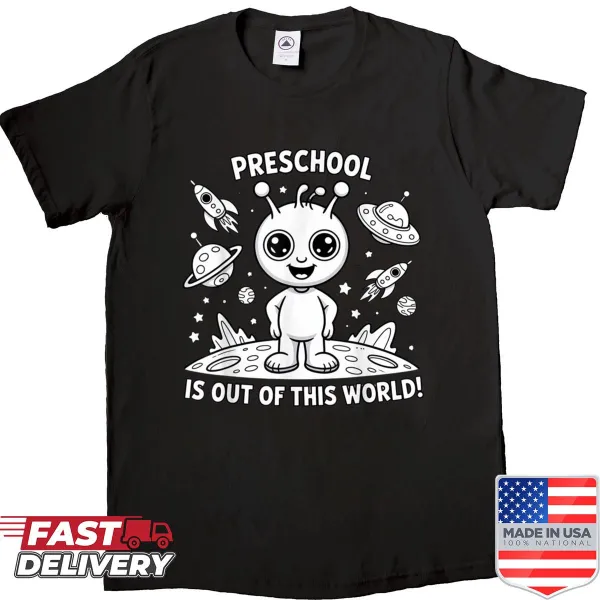 Cartoon alien and marine theme t-shirt celebrating preschool