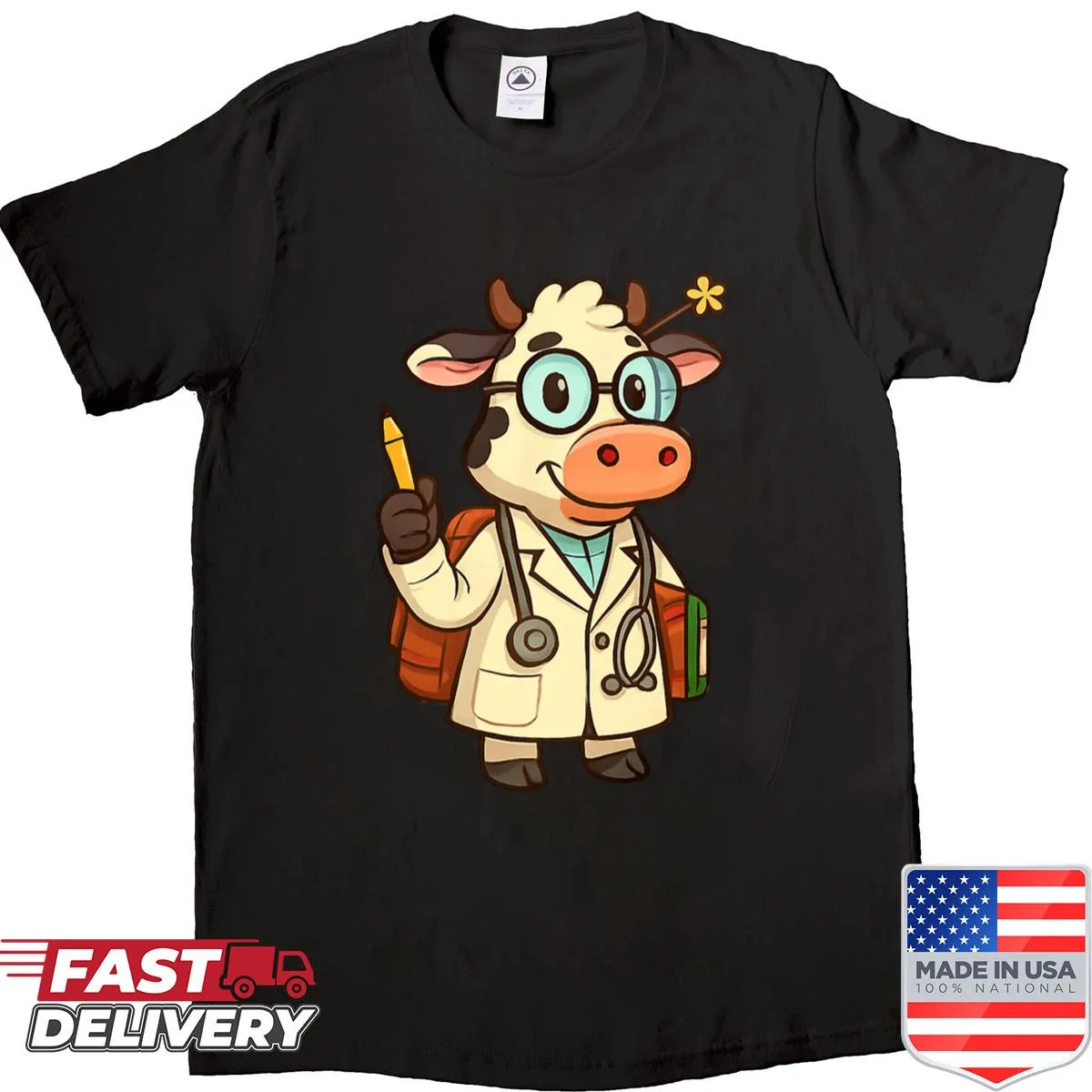 Illustration of a cow wearing glasses with text 'Professor Moo' on shirt