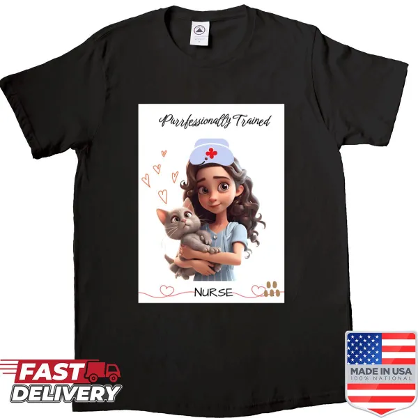 T-shirt for nurses featuring 'Purrfessionally Trained Nurse' text