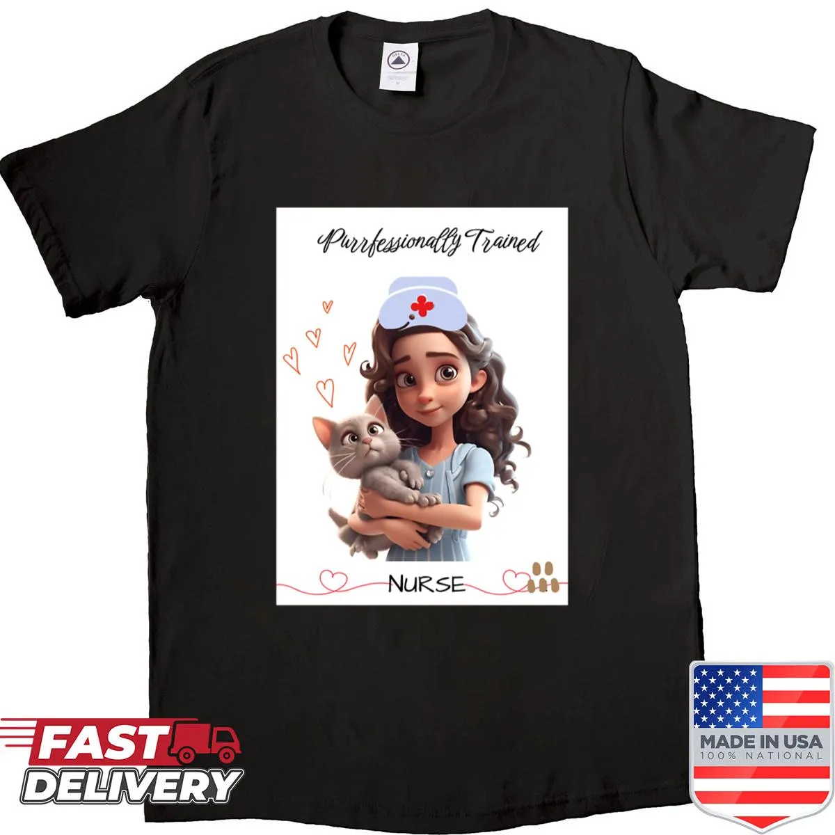 T-shirt for nurses featuring 'Purrfessionally Trained Nurse' text