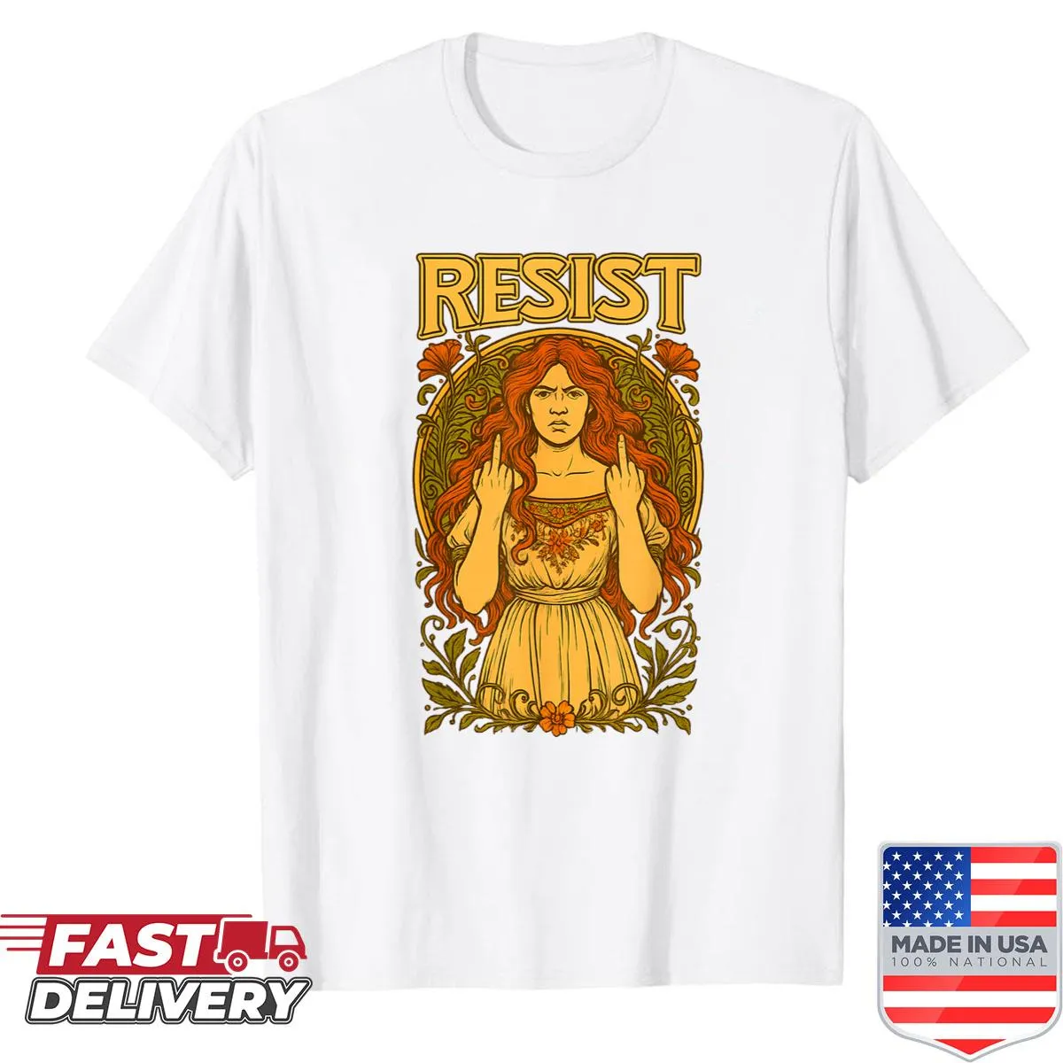 Art Nouveau inspired feminist shirt with an anti-Trump message