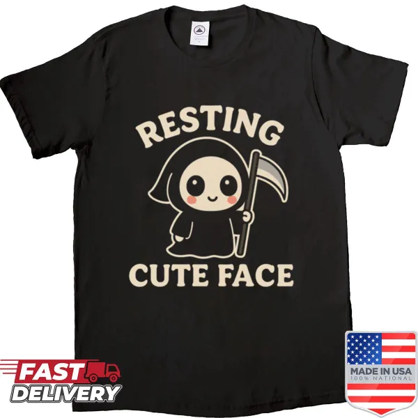 Cartoon Grim Reaper with a cute face on a boxy shirt