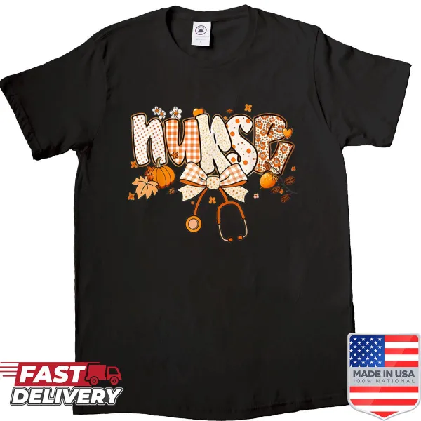 Vintage distressed shirt featuring pumpkin and stethoscope graphic for nurses