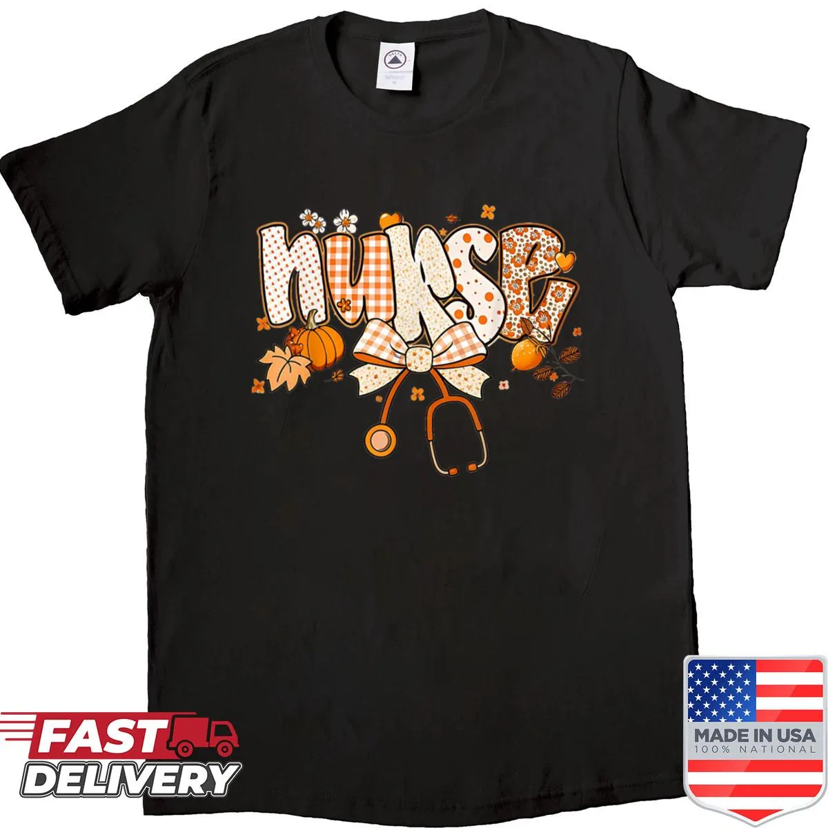 Vintage distressed shirt featuring pumpkin and stethoscope graphic for nurses