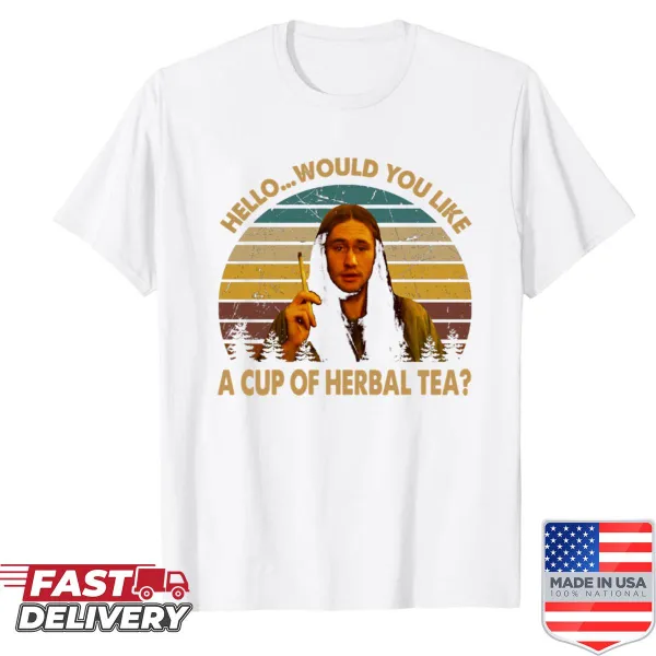 Retro design shirt with humorous herbal tea asking illustration