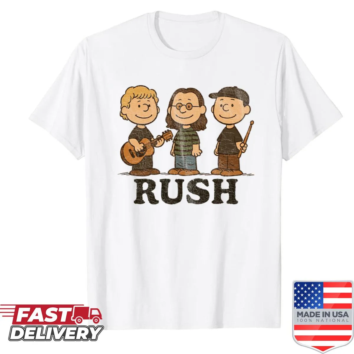 Playful illustration of Rush and Charlie Brown on a casual shirt