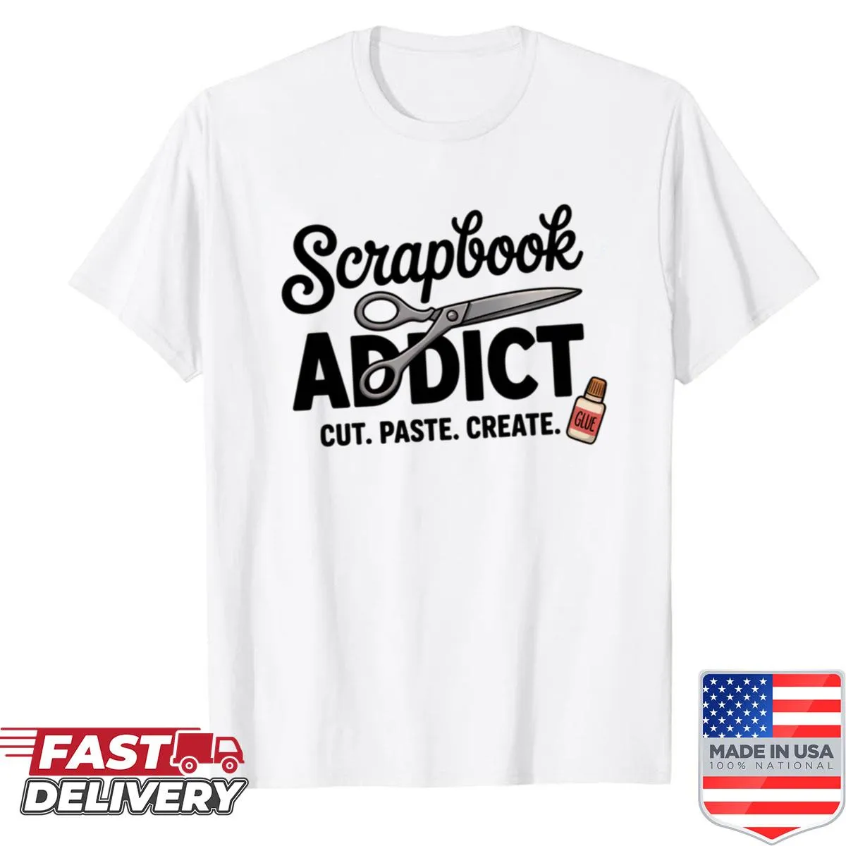 Typography design celebrating scrapbooking with 'Cut, Paste, Create' slogan.