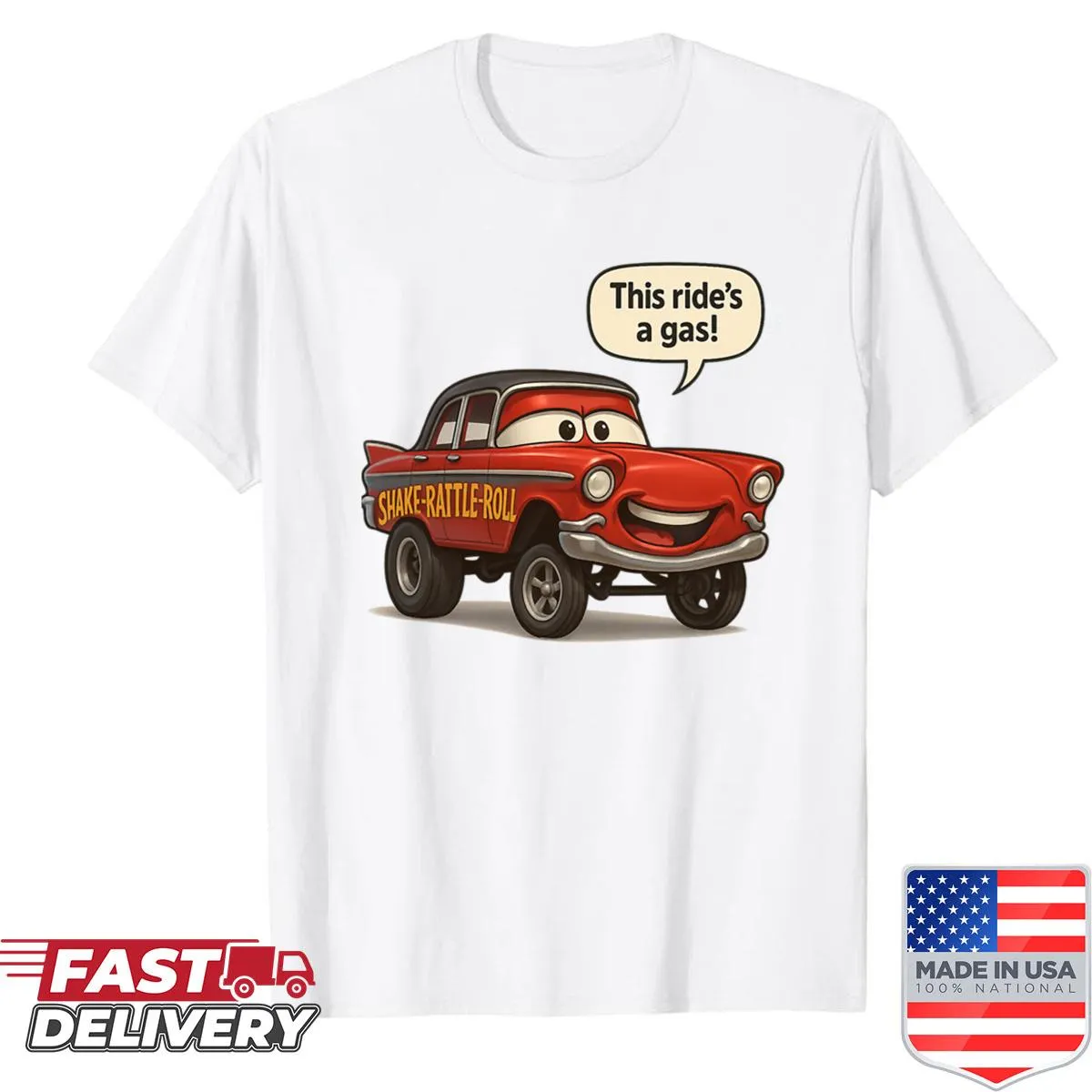 Funny cartoon drag car design on an oversized shirt
