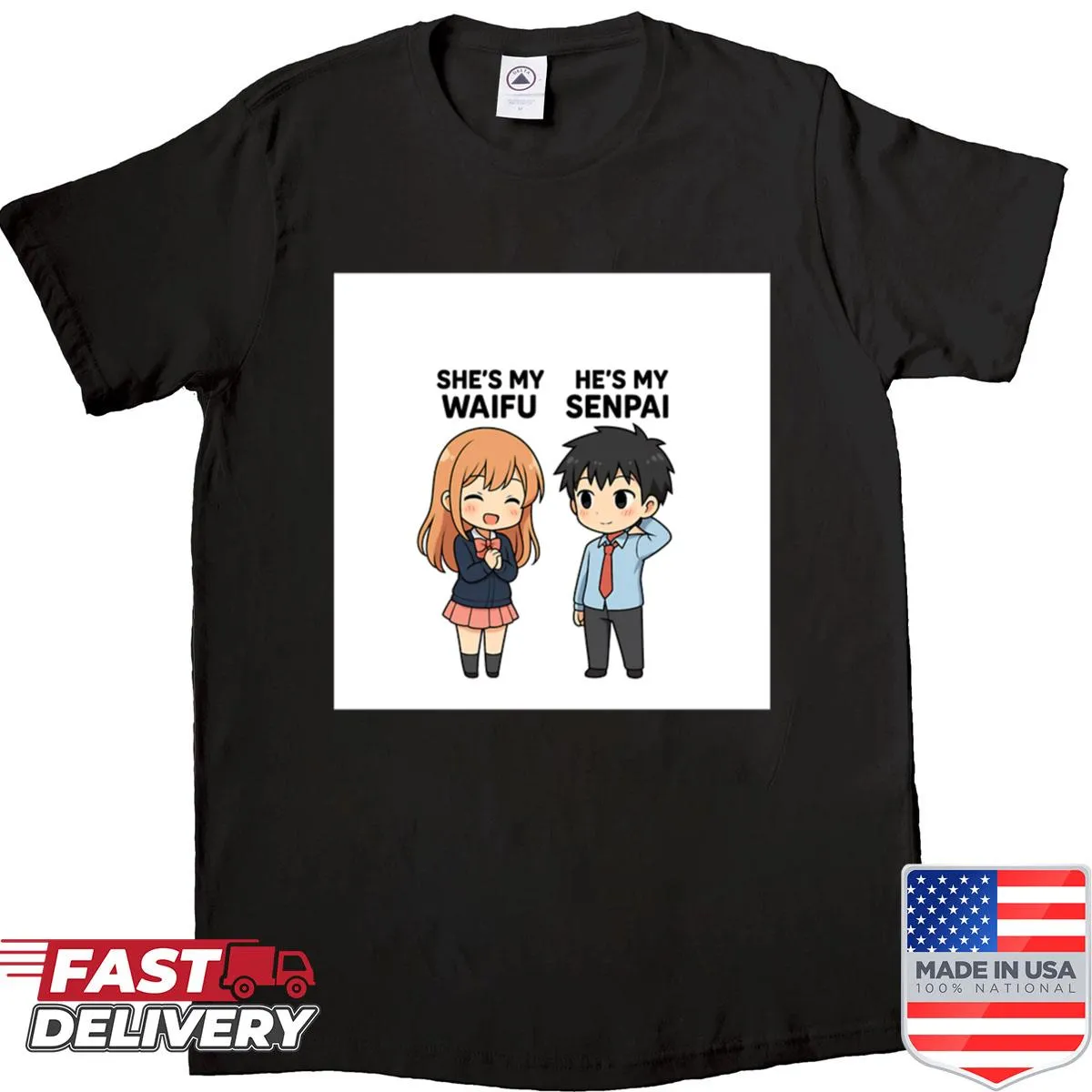 Cute anime couple shirt featuring Waifu and Senpai design