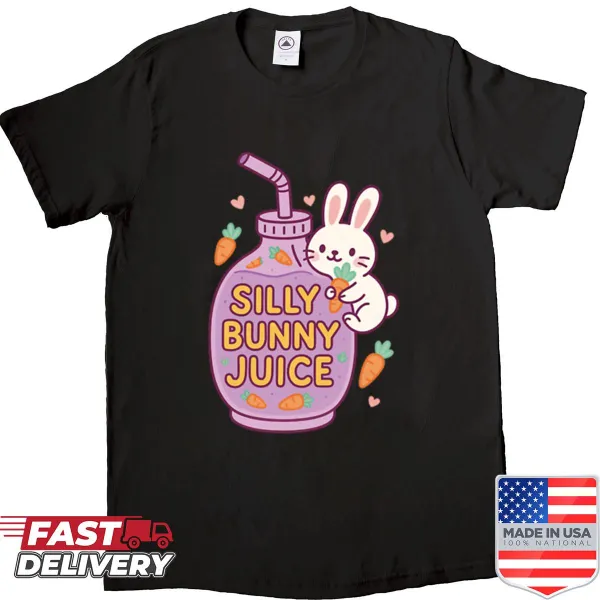 Oversized shirt featuring a silly bunny cartoon holding juice