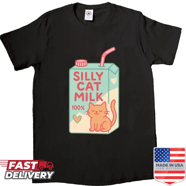 Funny illustration of a cat enjoying milk on a shirt