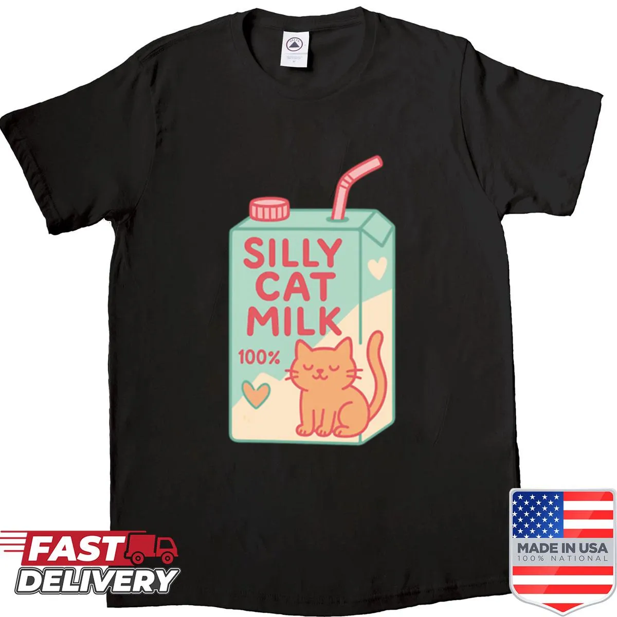 Funny illustration of a cat enjoying milk on a shirt
