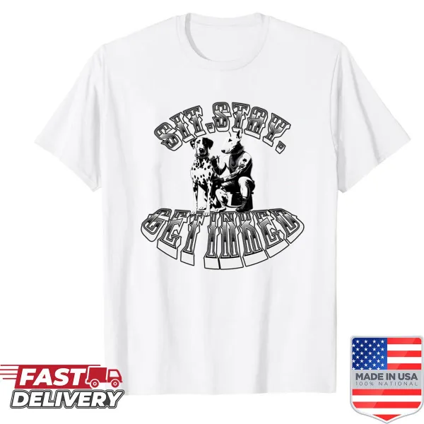 Funny shirt featuring cartoon dogs with tattoos and playful text