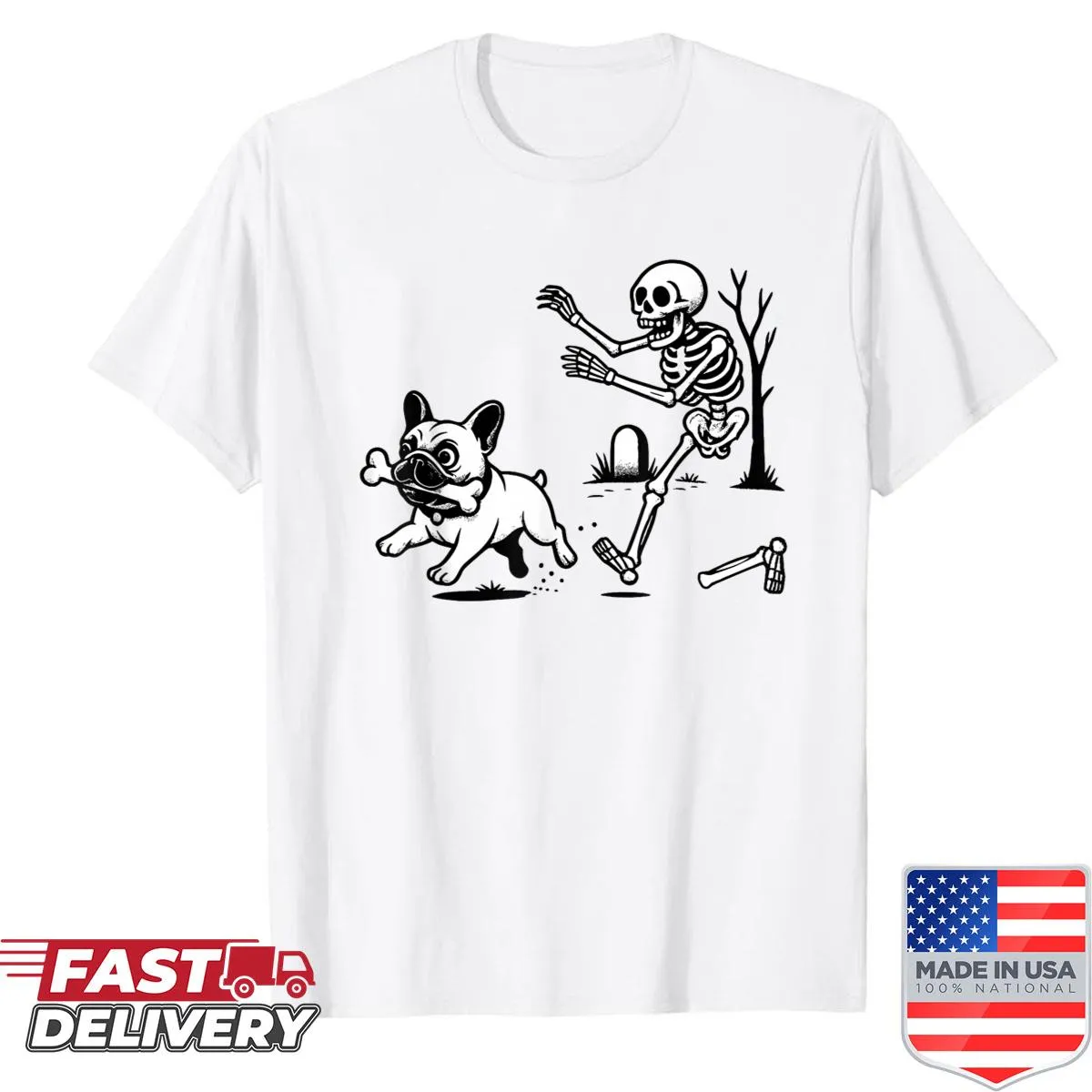 Halloween-themed shirt featuring a skeleton chasing a French Bulldog