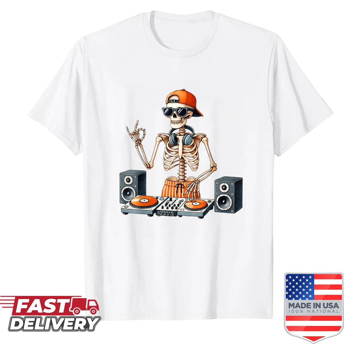 Skeleton DJ graphic mixing music on T-shirt for Halloween.