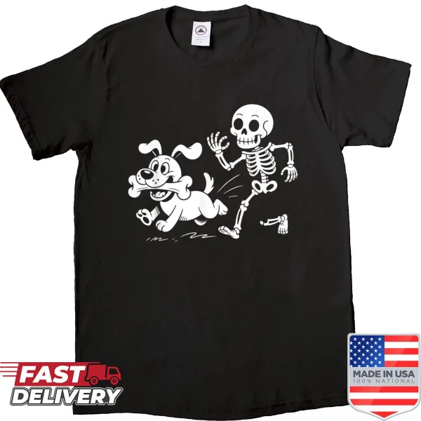 Cartoon skeleton dog chasing a living dog on Halloween shirt