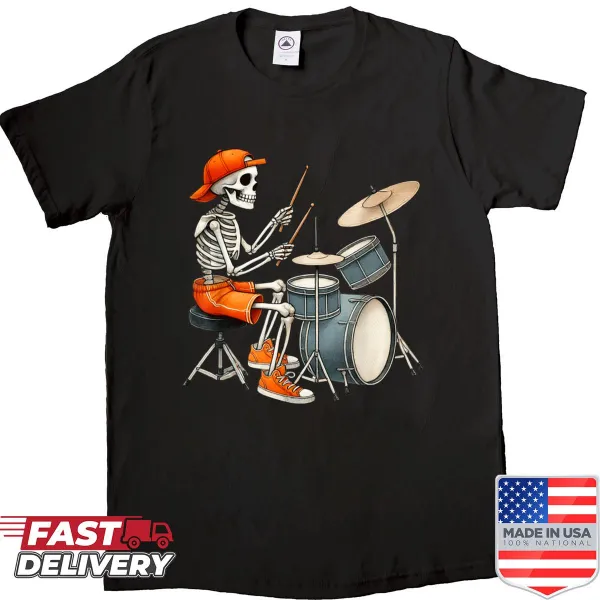 Cartoon skeleton playing drums Halloween shirt for kids