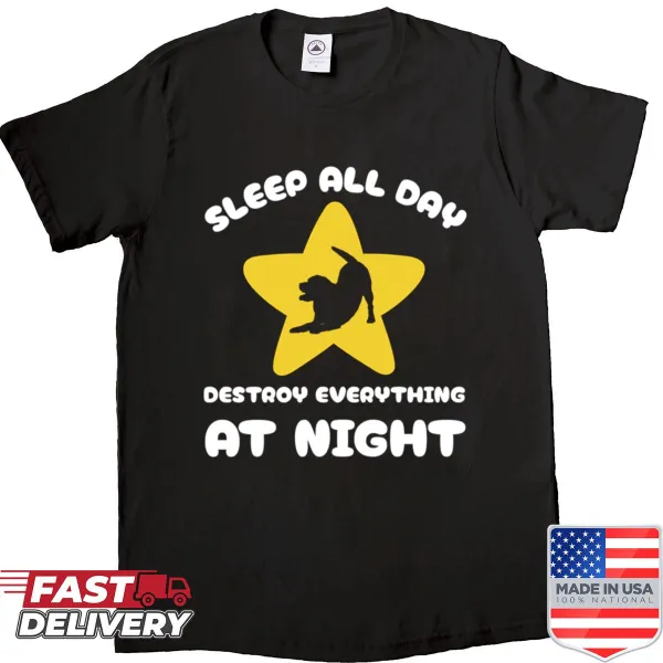Dog-themed shirt with humorous graphic about nighttime antics