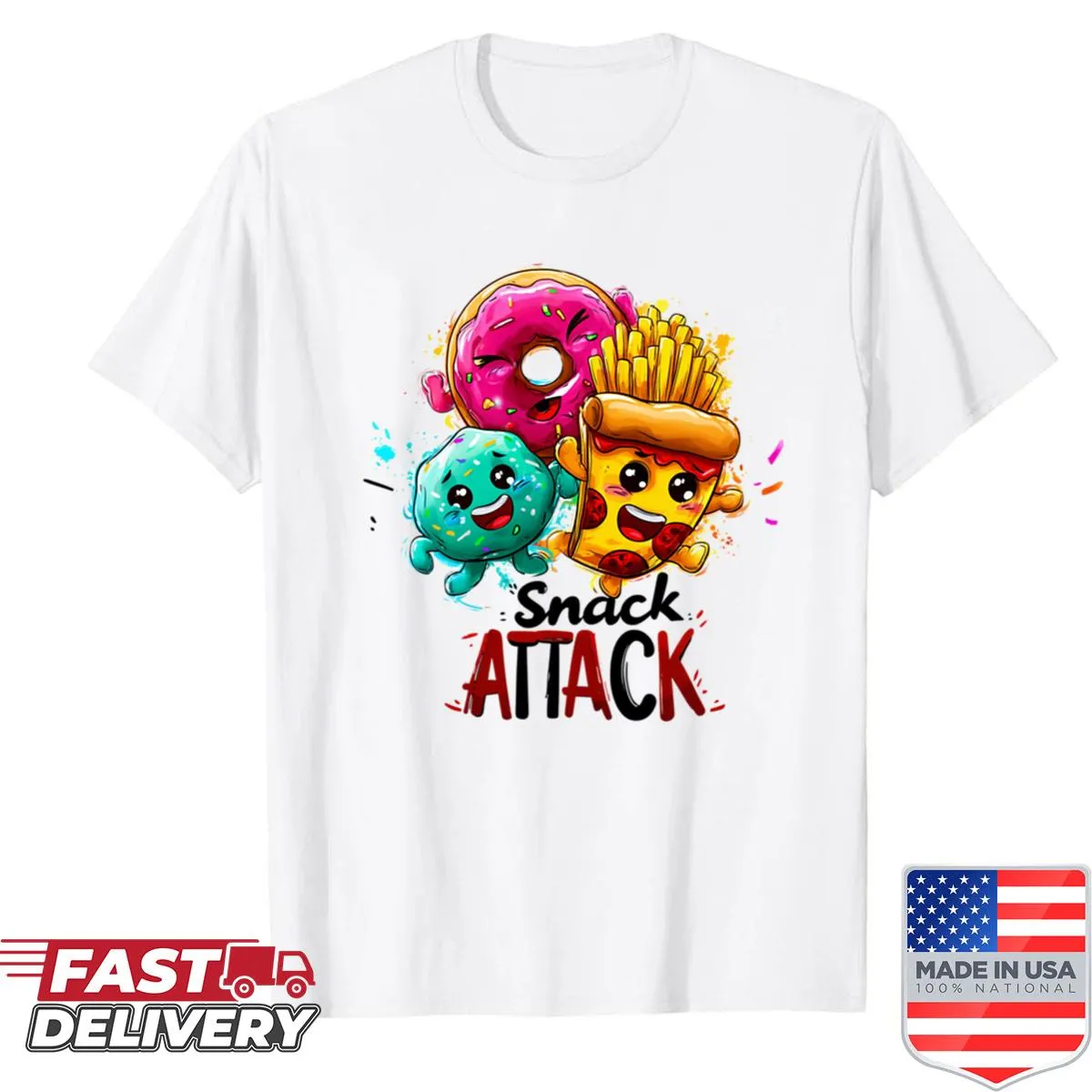 Cute Junk Food Squad illustration on a fun shirt