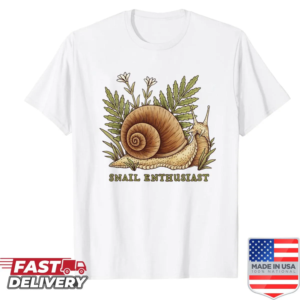 Cute snail-themed shirt featuring whimsical illustrations of snails and ferns