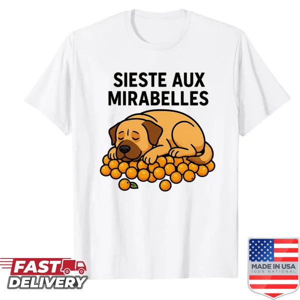 Shirt featuring a Spanish Mastiff sleeping among mirabelles.