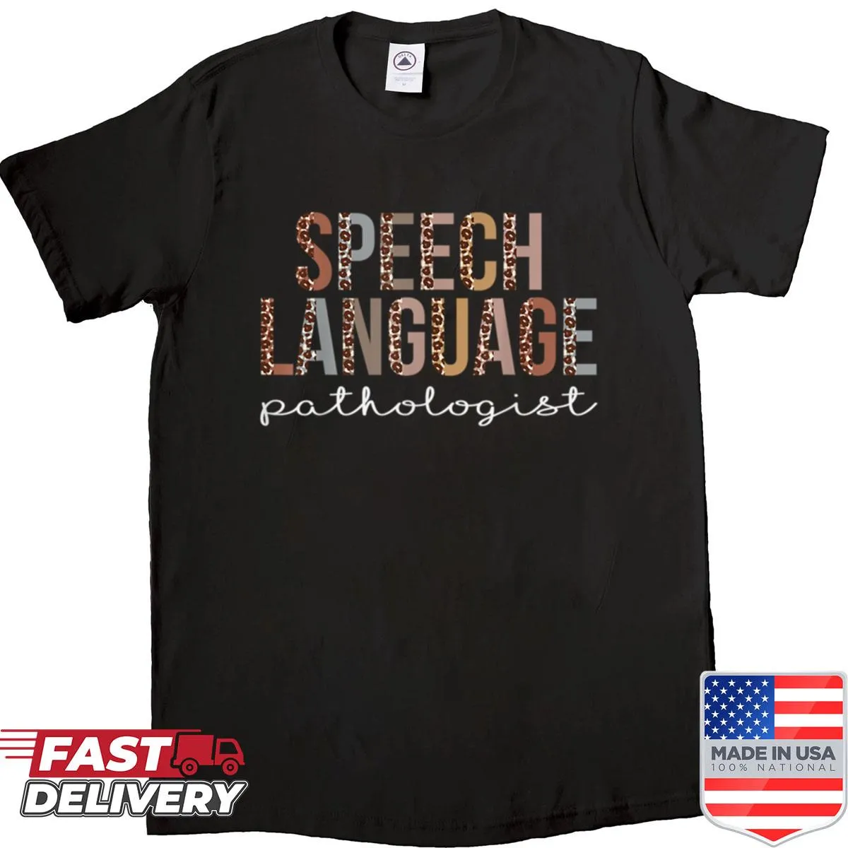 Leopard-themed shirt for speech language pathologists.