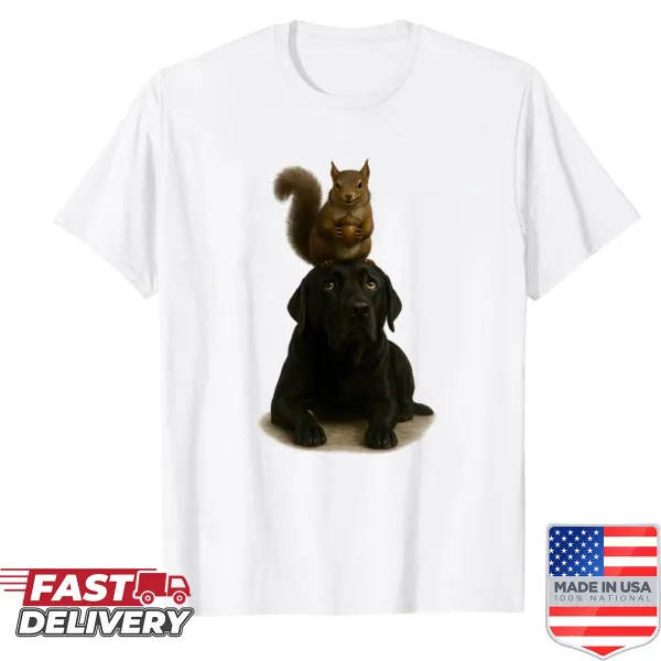 Oversized shirt featuring a squirrel sitting on a dog's head