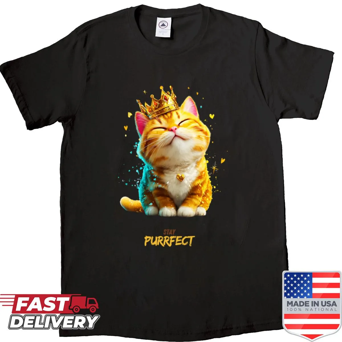 Illustration of a crowned cat with 'Stay Purrfect' text