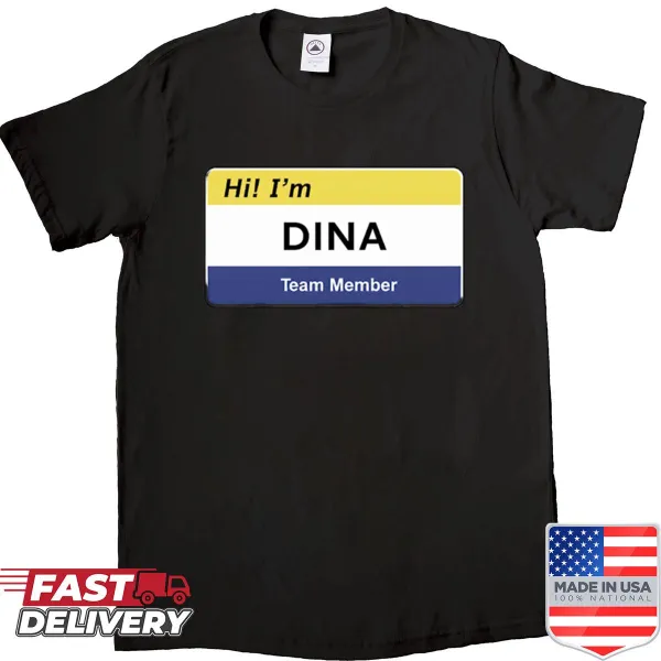 Shirt featuring illustration of a name tag with the name 'Dina'