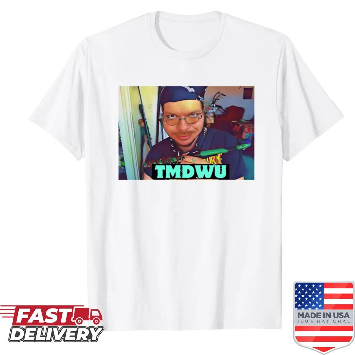 Whimsical shirt with 'Take This Wand And Come With Me' text and magical elements.
