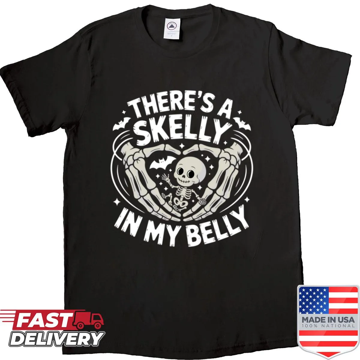 Maternity Halloween shirt with skeleton graphic