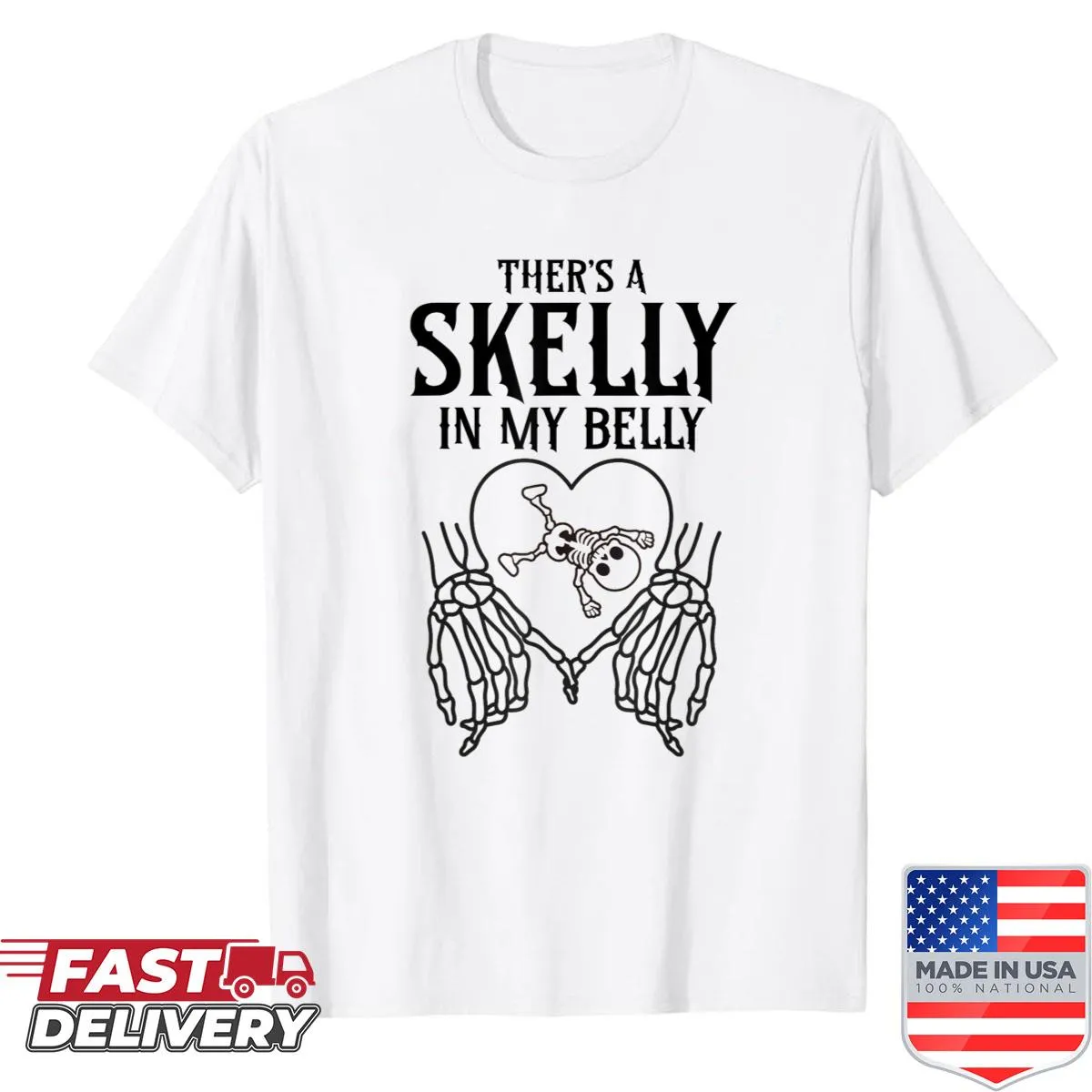 Funny Halloween skeleton design on a pregnant women's shirt.