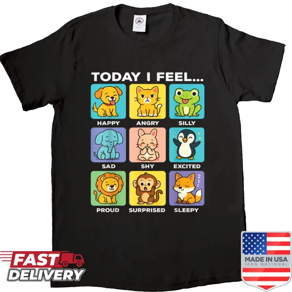 Kids shirt featuring animals in boxes with the phrase 'Today I Feel Funny'