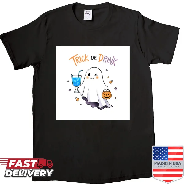 Cute Halloween shirt featuring a cartoon ghost and 'Trick Or Drink' text