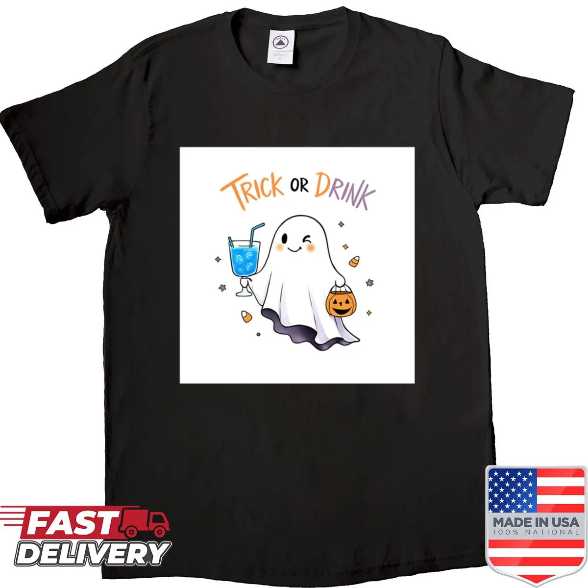 Cute Halloween shirt featuring a cartoon ghost and 'Trick Or Drink' text