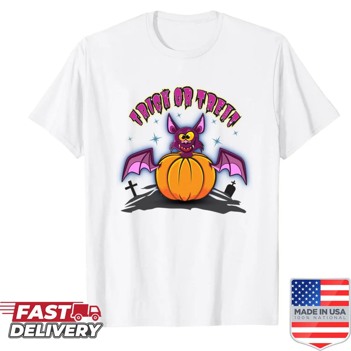 Halloween-themed shirt with a cartoon bat and pumpkin design.