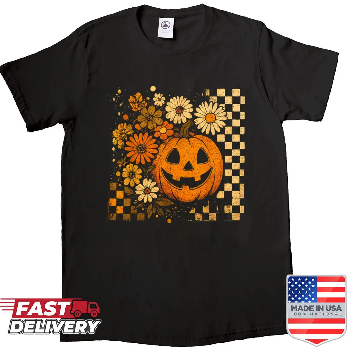 Vintage-style shirt featuring a boho pumpkin design with floral accents