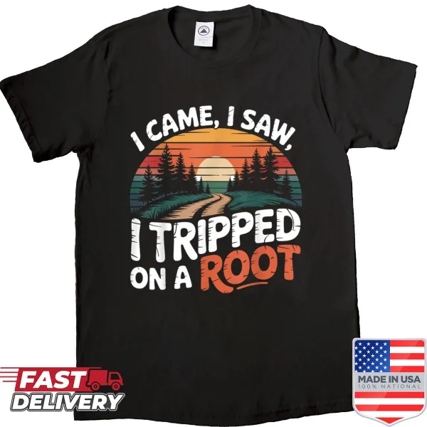 Vintage hiking shirt with humorous text about tripping on a root