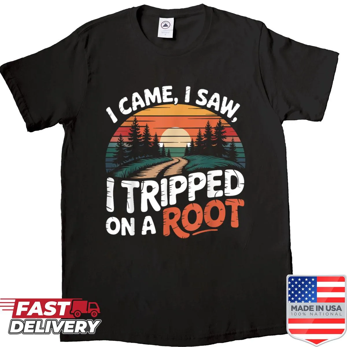 Vintage hiking shirt with humorous text about tripping on a root