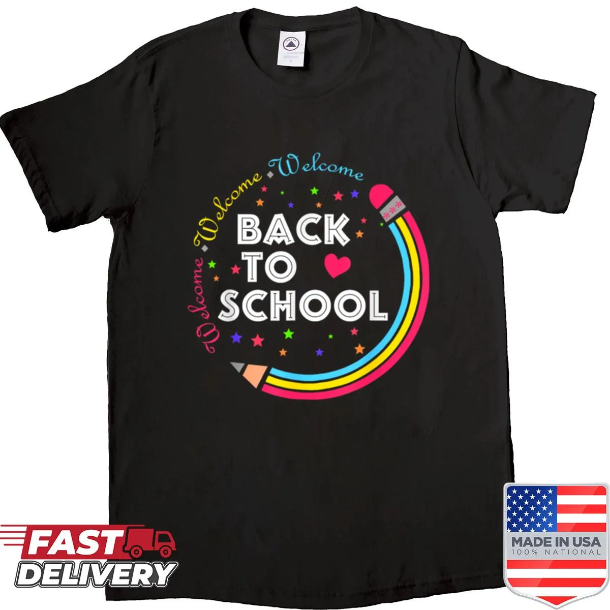 Cute teacher shirt with illustrations of school supplies for first day of school
