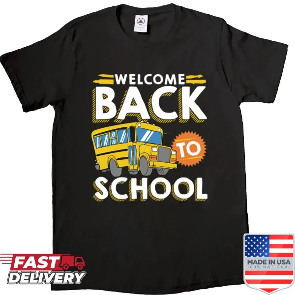 Kids shirt with a welcoming schoolbus graphic for back to school