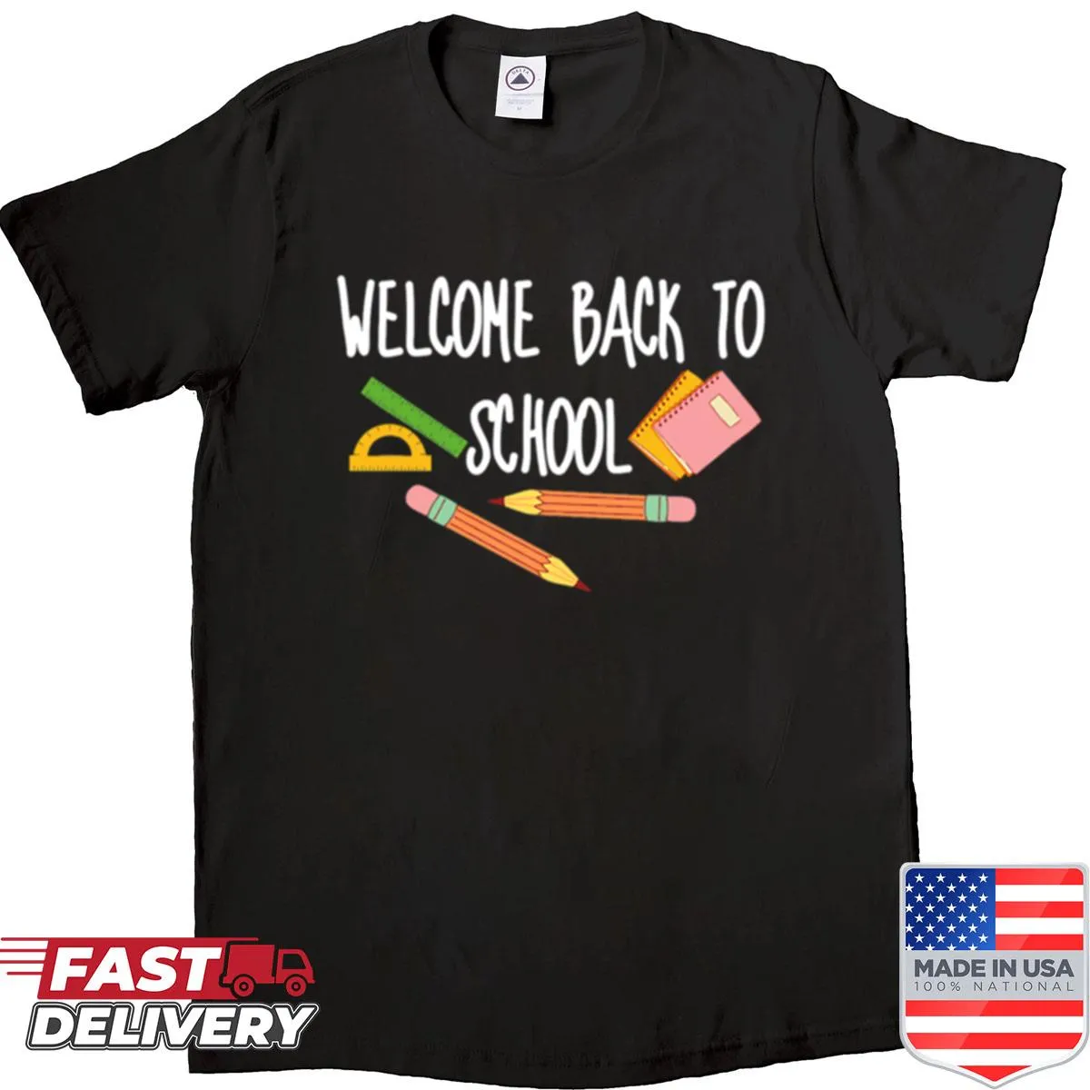 T-shirt with notebook, pencil, and ruler design