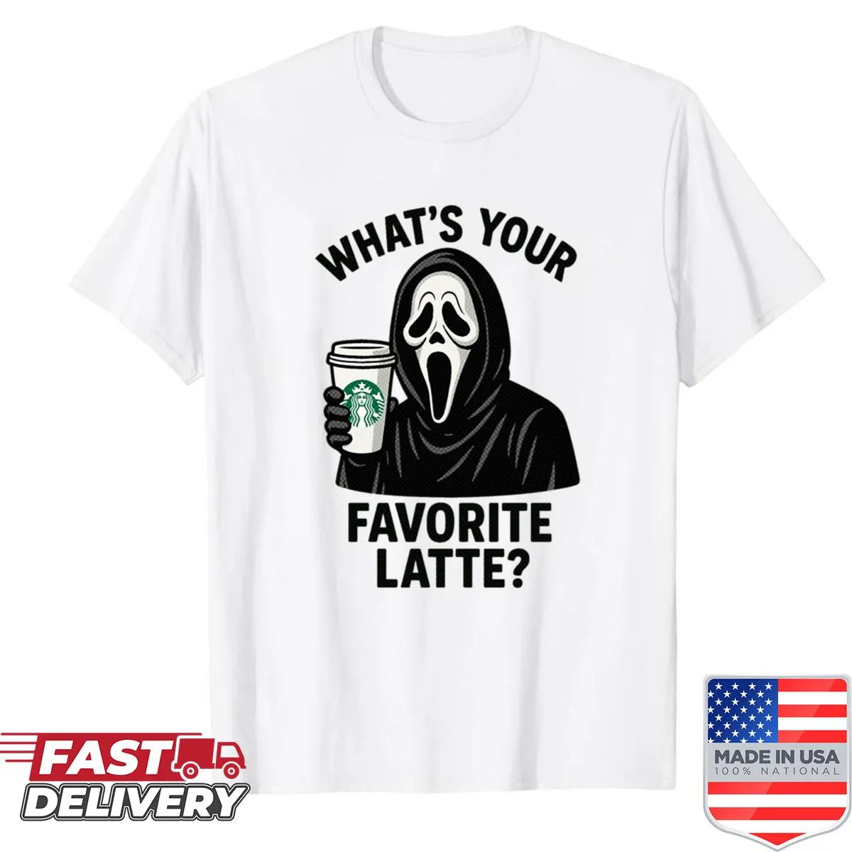 Coffee-themed t-shirt with 'What's Your Favorite Latte' text.