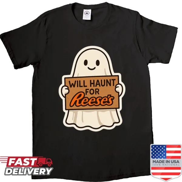 Cute Halloween shirt with an illustration of a friendly ghost that says 'Will Haunt'