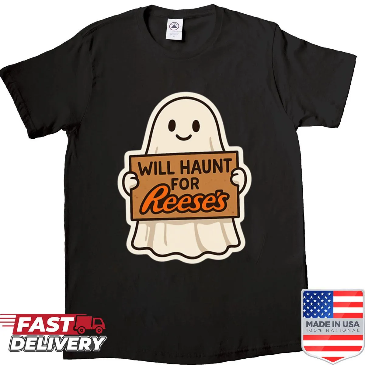 Cute Halloween shirt with an illustration of a friendly ghost that says 'Will Haunt'