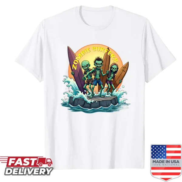 Zombie surfer riding a wave in Halloween-themed shirt