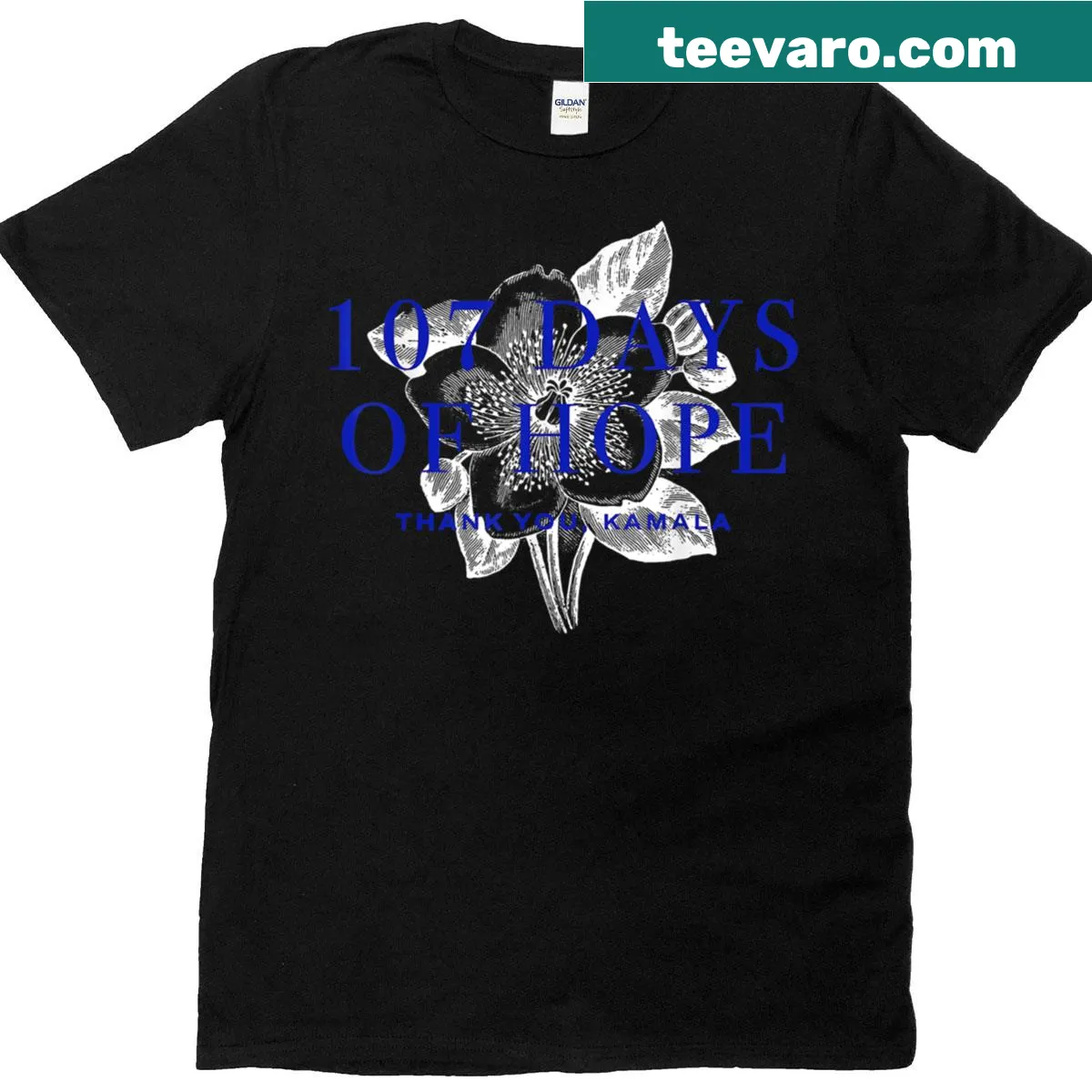 Hand-lettered t-shirt with '107 Days Of Hope' and Kamala Harris reference — on a men's t-shirt
