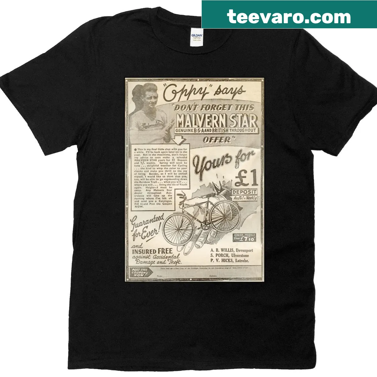 Vintage Malvern Star bicycle t-shirt with retro advertisement design — on a men's t-shirt