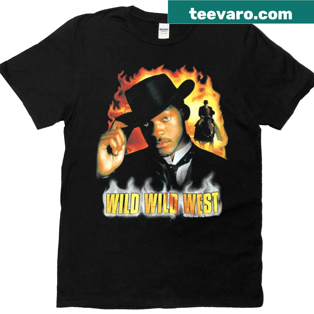 T-shirt featuring a vintage-inspired graphic related to the Wild Wild West movie — on a men's t-shirt