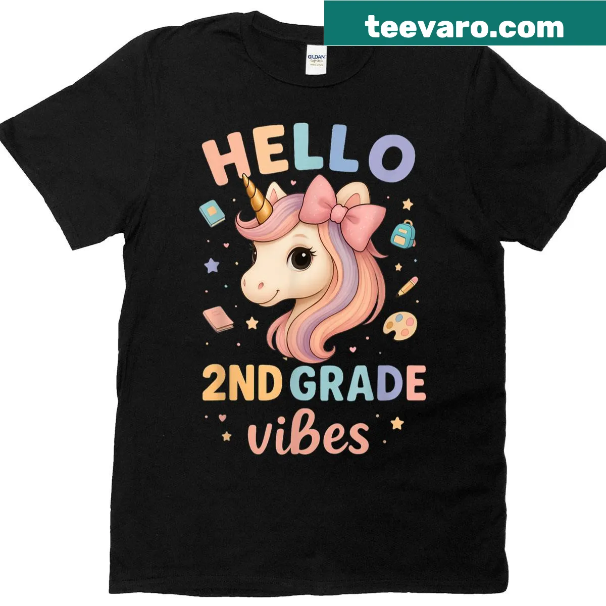Unicorn-themed T-shirt for girls entering 2nd grade with '2nd Grade Vibes' text. — on a men's t-shirt